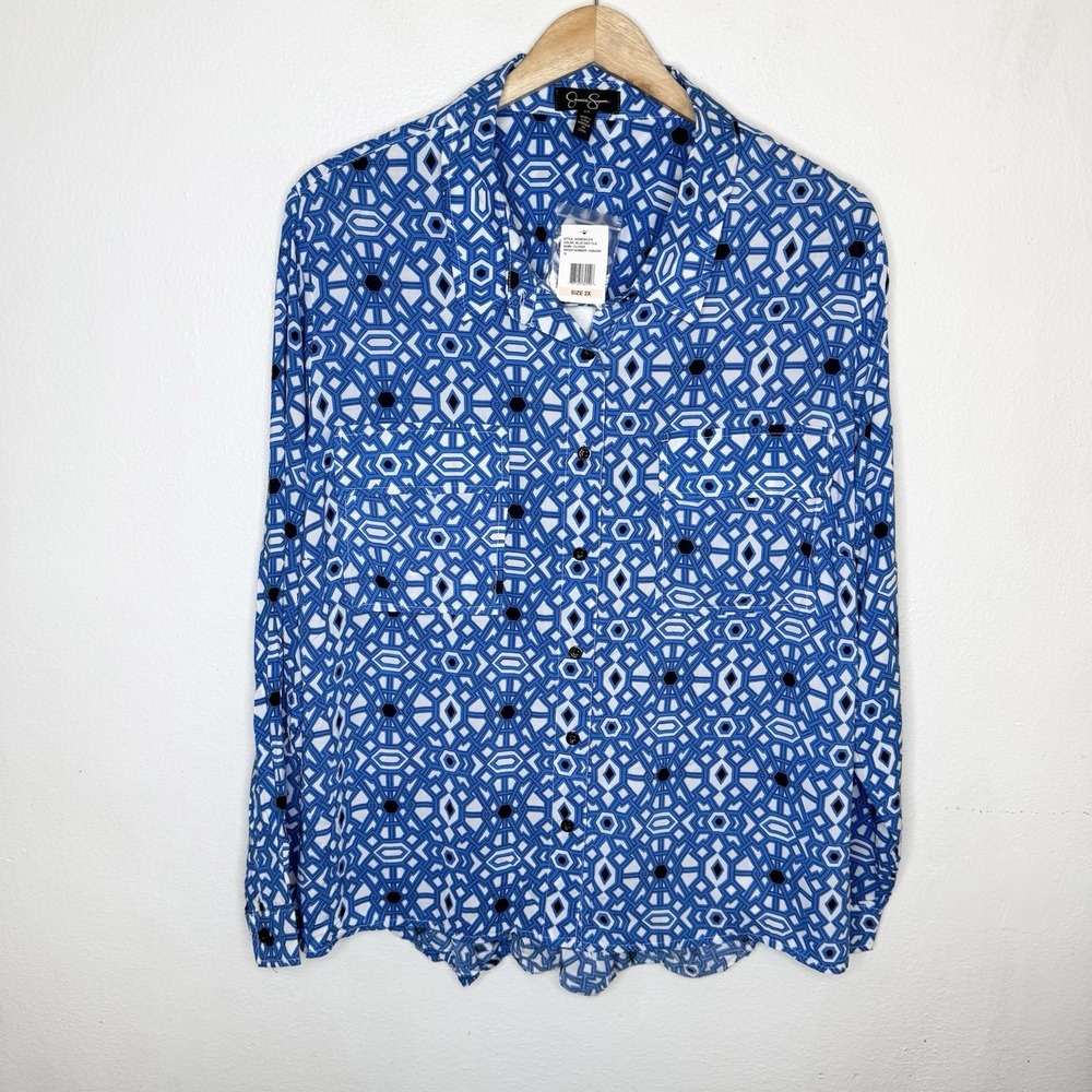 New Jessica Simpson Blue Geo‎ Tile Blouse Back Cutout Business Spring Women's 2X